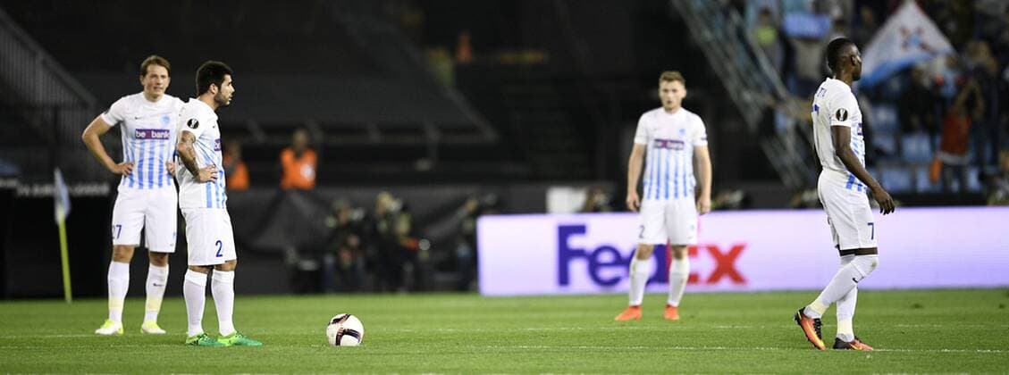 Genk s Sander Berge, Genk s Alejandro Pozuelo and Genk s Mwbana Ally Samatta pictured during a soccer game between Spanish club Real Club Celta de Vigo and Belgian team KRC Genk, Thursday 13 April 2017, in Vigo, Spain, the first leg of the quarter finals of the Europa League competition. YORICKxJANSENS  x05081162x