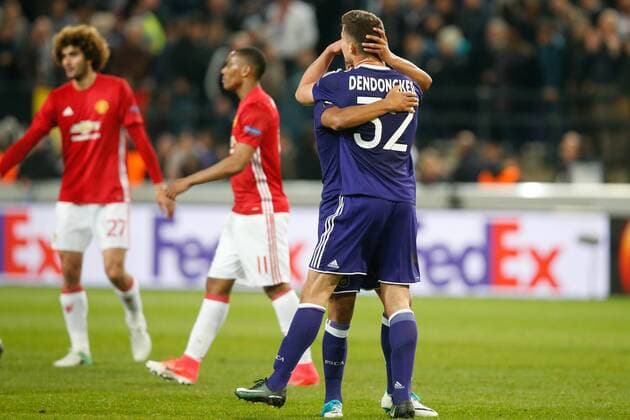 Anderlecht s players celebrate after a soccer game between Belgian team RSC Anderlecht and English club Manchester United ManU F.C. in Brussels, Thursday 13 April 2017, the first leg of the quarter finals of the Europa League competition. BRUNOxFAHY  x05081309x