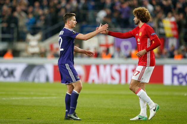 Anderlecht s Leander Dendoncker and Manchester s Marouane Fellaini pictured after a soccer game between Belgian team RSC Anderlecht and English club Manchester United ManU F.C. in Brussels, Thursday 13 April 2017, the first leg of the quarter finals of the Europa League competition. BRUNOxFAHY  x05081318x