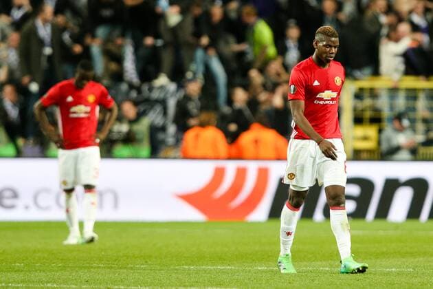 Manchester United ManU s Paul Pogba looks dejected after Anderlecht?s Leander Dendoncker scored the equaliser during the Europa League Quarter Final 1st leg match at RSCA Constant Vanden Stock Stadium, Anderlecht, Belgium. Picture date: April 13th, 2017.Pic credit should read: Charlie Forgham-Bailey Sportimage EDITORIAL USE ONLY. No use with unauthorised audio, video, data, fixture lists, club league logos or live services. Online in-match use limited to 120 images, no video emulation. No use in betting, games or single club league player publications.