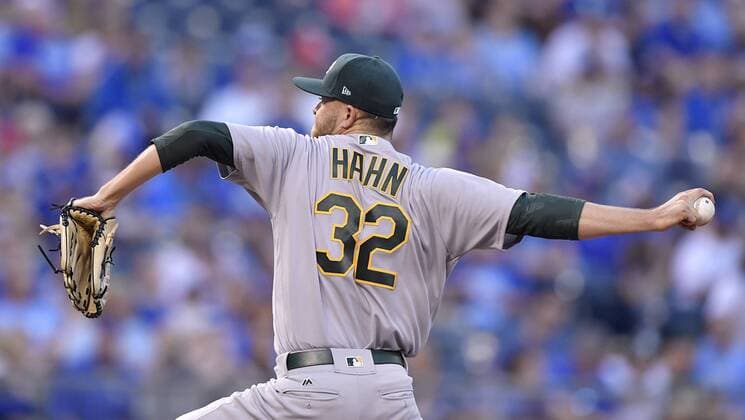 April 13, 2017 - Kansas City, MO, USA - Oakland Athletics starting pitcher Jesse Hahn throws in the first inning against the Kansas City Royals at Kauffman Stadium in Kansas City, Mo., on Thursday, April 13, 2017. Oakland at Kansas City - ZUMAm67_ 20170413_zaf_m67_032 Copyright: xJohnxSleezerx
