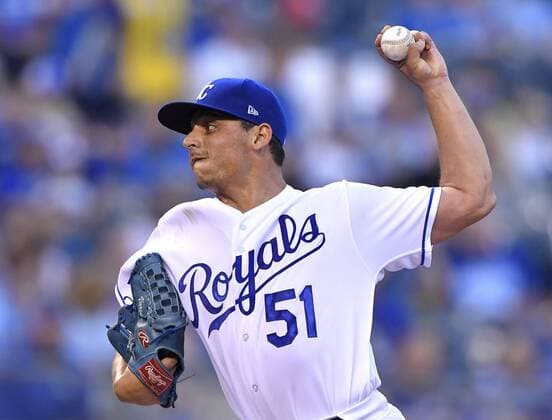April 13, 2017 - Kansas City, MO, USA - Kansas City Royals starting pitcher Jason Vargas throws in the first inning against the Oakland Athletics at Kauffman Stadium in Kansas City, Mo., on Thursday, April 13, 2017. Oakland at Kansas City - ZUMAm67_ 20170413_zaf_m67_033 Copyright: xJohnxSleezerx
