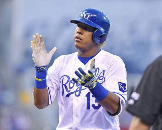 April 13, 2017 - Kansas City, MO, USA - The Kansas City Royals Salvador Perez applauds at first after his RBI single in the first inning against the Oakland Athletics at Kauffman Stadium in Kansas City, Mo., on Thursday, April 13, 2017. Oakland at Kansas City - ZUMAm67_ 20170413_zaf_m67_035 Copyright: xJohnxSleezerx