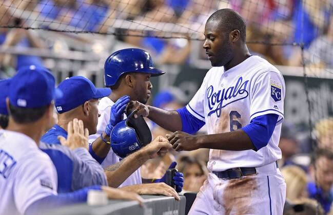 April 13, 2017 - Kansas City, MO, USA - The Kansas City Royals Lorenzo Cain (6) is greeted after scoring on a sacrifice fly by Brandon Moss in the third inning against the Oakland Athletics at Kauffman Stadium in Kansas City, Mo., on Thursday, April 13, 2017. Oakland at Kansas City - ZUMAm67_ 20170413_zaf_m67_063 Copyright: xJohnxSleezerx