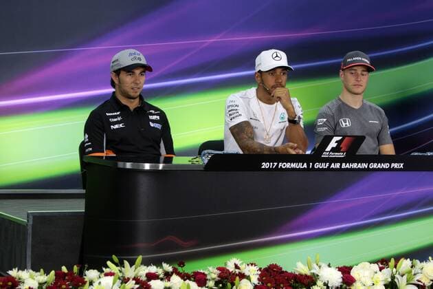 Bahrain Grand Prix, Sakhir 13 - 16 April 2017 13.04.2017 - press conference PK Pressekonferenz Sergio Perez (MEX) Sahara Force India F1 VJM010, Lewis Hamilton (GBR) Mercedes AMG F1 W08 and Stoffel Vandoorne (BEL) McLaren MCL32 
