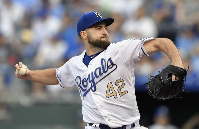 April 15, 2017 - Kansas City, MO, USA - Kansas City Royals pitcher Nathan Karns throws against the Los Angeles Angels at Kauffman Stadium in Kansas City, Mo., on Saturday, April 15, 2017. LA Angels at Kansas City - ZUMAm67_ 20170415_zaf_m67_047 Copyright: xJohnxSleezerx