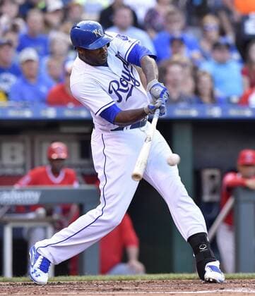 April 15, 2017 - Kansas City, MO, USA - The Kansas City Royals Lorenzo Cain connects on a single in the first inning against the Los Angeles Angels at Kauffman Stadium in Kansas City, Mo., on Saturday, April 15, 2017. LA Angels at Kansas City - ZUMAm67_ 20170415_zaf_m67_052 Copyright: xJohnxSleezerx