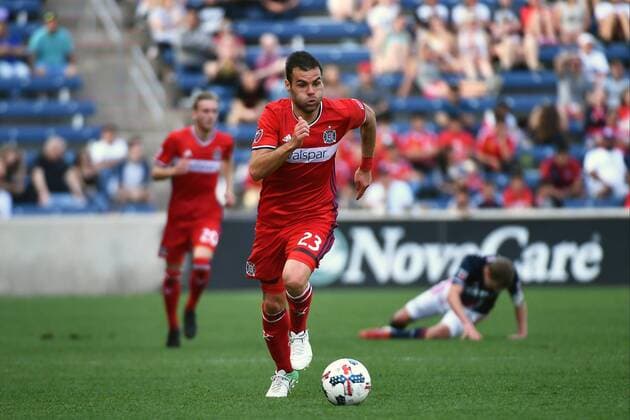 CHICAGO, IL - APRIL 15: Chicago Fire forward Nemanja Nikolic (23) dribbles with the ball during a game between the Chicago Fire and New England Revolution on April 15, 2017, at Toyota Park in Chicago, Illinois. (Photo by Quinn Harris Icon Sportswire) SOCCER: APR 15 MLS Fussball Herren USA - NE Revolution at Chicago Fire Icon174150031 EDITORIAL USE ONLY