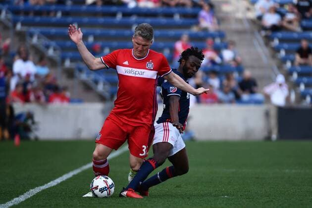 CHICAGO, IL - APRIL 15: Chicago Fire midfielder Bastian Schweinsteiger (31) defends during a game between the Chicago Fire and New England Revolution on April 15, 2017, at Toyota Park in Chicago, Illinois. (Photo by Quinn Harris Icon Sportswire) SOCCER: APR 15 MLS Fussball Herren USA - NE Revolution at Chicago Fire Icon17415011 EDITORIAL USE ONLY