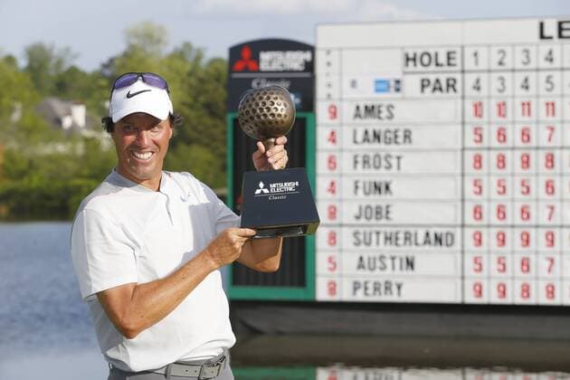 DULUTH, GA - APRIL 16: Stephen Ames holds up the tournament trophy after winning the 2017 Mitsubishi Electric Classic golf tournament at the TPC Sugarloaf Golf Club Sunday, April 16, 2017, in Duluth, GA. (Photo by David J. Griffin Icon Sportswire) GOLF: APR 16 Champions Tour - Mitsubishi Electric Classic - Final Round Icon953170416000 EDITORIAL USE ONLY
