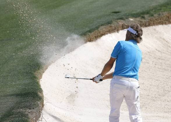 DULUTH, GA - APRIL 16: Bernhard Langer hits out of the bunker on the 18th green during the final round of the Mitsubishi Electric Classic tournament at the TPC Sugarloaf Golf Club Sunday, April 16, 2017, in Duluth, GA. (Photo by David J. Griffin Icon Sportswire) GOLF: APR 16 Champions Tour - Mitsubishi Electric Classic - Final Round Icon953170416117 EDITORIAL USE ONLY