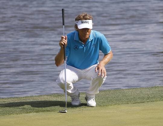 DULUTH, GA - APRIL 16: Bernhard Langer lines up his putt on the 18th green during the final round of the Mitsubishi Electric Classic tournament at the TPC Sugarloaf Golf Club Sunday, April 16, 2017, in Duluth, GA. (Photo by David J. Griffin Icon Sportswire) GOLF: APR 16 Champions Tour - Mitsubishi Electric Classic - Final Round Icon953170416129 EDITORIAL USE ONLY