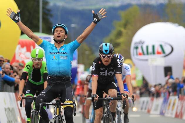 April 17th 2017, Innsbruck, Austria; UCI Tour of the Alps mens cycling tour, Kufstein to Innsbruck, stage 1; Left, Davide Formolo (Cannondale-Drapac) wins the stage ahead of Michele Scarponi, Geraint Thomas (Team Sky) xPierrexTeyssotx  ActionPlus11869319