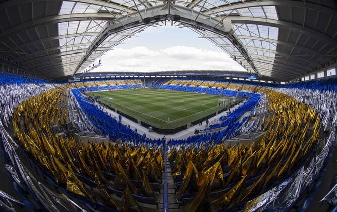 April 18th 2017, Leicester, England, UEFA Champions League football quarter-final, Leicester City versus Atletico Madrid; General view of the pitch and stands taken from the corner in the stands xRolandxHarrisonx  ActionPlus11869538