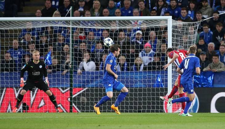 Atletico s Saul Niguez scoring his sides opening goal during the Champions League Quarter-Final 2nd leg match at the King Power Stadium, Leicester. Picture date: April 18th, 2017. Pic credit should read: David Klein Sportimage EDITORIAL USE ONLY. No use with unauthorised audio, video, data, fixture lists, club league logos or live services. Online in-match use limited to 120 images, no video emulation. No use in betting, games or single club league player publications.