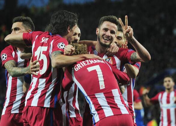 Bilder des Tages - SPORT Football - 2016 2017 UEFA Champions League - Quarter-Final, Second Leg: Leicester City vs. Atletico Madrid Saul Niguez of Atletico Madrid celebrates scoring his first half goal at the King Power Stadium. COLORSPO RT ANDREW COWIE 