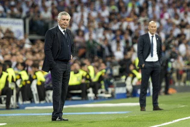 Carlo Ancelotti of FC Bayern Munchen and Zinedine Zidane coach of Real Madrid during the match of Champions League between Real Madrid and FC Bayern Munchen at Santiago Bernabeu Stadium in Madrid, Spain. April 18, 2017.  (20170418033)