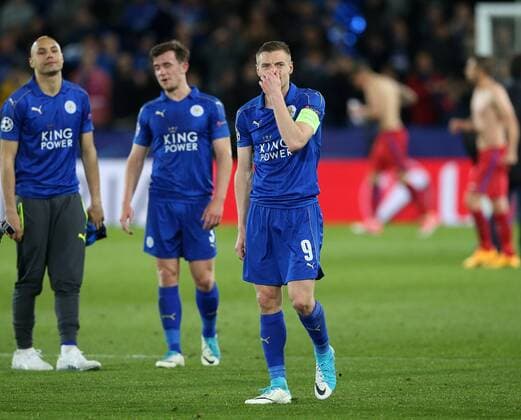 Leicester s Jamie Vardy looks on dejected at the final whistle during the Champions League Quarter-Final 2nd leg match at the King Power Stadium, Leicester. Picture date: April 18th, 2017. Pic credit should read: David Klein Sportimage EDITORIAL USE ONLY. No use with unauthorised audio, video, data, fixture lists, club league logos or live services. Online in-match use limited to 120 images, no video emulation. No use in betting, games or single club league player publications.