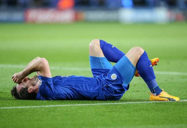 Leicester s Christian Fuchs looks on dejected during the Champions League Quarter-Final 2nd leg match at the King Power Stadium, Leicester. Picture date: April 18th, 2017. Pic credit should read: David Klein Sportimage EDITORIAL USE ONLY. No use with unauthorised audio, video, data, fixture lists, club league logos or live services. Online in-match use limited to 120 images, no video emulation. No use in betting, games or single club league player publications.