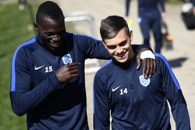Genk s Omar Colley and Genk s Leandro Trossard pictured before the start of a training session of Belgian soccer team RC Genk, Wednesday 19 April 2017, in Genk. Tomorrow Genk is playing the return leg of quarterfinals against Spanish team Celta Vigo in the Europa League competition. YORICKxJANSENS  x05083403x