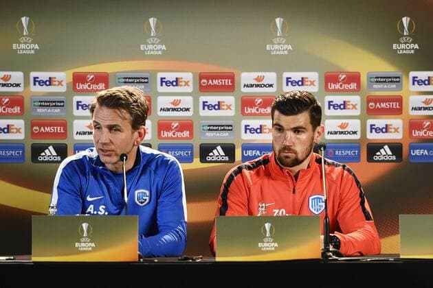 Genk s head coach Albert Stuivenberg and Genk s goalkeeper Mathew Ryan pictured during a press conference PK Pressekonferenz of Belgian soccer team RC Genk, Wednesday 19 April 2017, in Genk. Tomorrow Genk is playing the return leg of quarterfinals against Spanish team Celta Vigo in the Europa League competition. YORICKxJANSENS  x05083438x