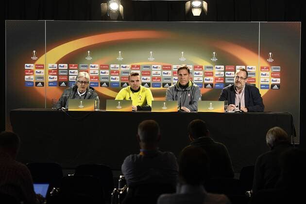 Celta s Iago Aspas and Celta s head coach Italian Eduardo Berizzo pictured during a press conference PK Pressekonferenz of Spanish soccer team Celta Vigo, Wednesday 19 April 2017, in Genk. Tomorrow Genk is playing the return leg of quarterfinals against Spanish team Celta Vigo in the Europa League competition. YORICKxJANSENS  x05083700x