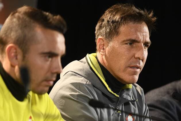 Celta s Iago Aspas and Celta s head coach Italian Eduardo Berizzo pictured during a press conference PK Pressekonferenz of Spanish soccer team Celta Vigo, Wednesday 19 April 2017, in Genk. Tomorrow Genk is playing the return leg of quarterfinals against Spanish team Celta Vigo in the Europa League competition. YORICKxJANSENS  x05083702x