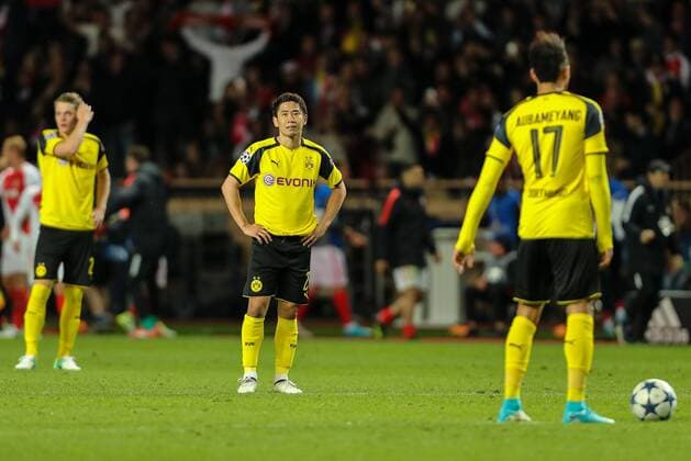 Monaco, Spain 19.04.2017, UEFA Champions League - 2016 17 Season, Quarter Final: Second leg, AS Monaco - BV Borussia Dortmund, Matthias Ginter (BVB) Shinji Kagawa (BVB) Pierre-Emerick Aubameyang (BVB) enttaeuscht, enttaeuschung ( DeFodi048