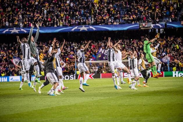 April 19, 2017 - Barcelona, Catalonia, Spain - The players of Juventus celebrate making it into the semi-final at the end of the Champions League quarter-final second leg against FC Barcelona Barca in the Camp Nou stadium in Barcelona. Soccer 2017 - FC Barcelona 0:0 Juventus - ZUMAo105 20170419_zap_o105_046 Copyright: xMatthiasxOesterlex