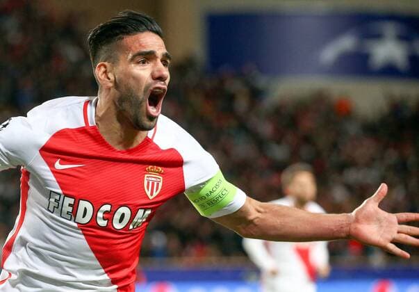 (170420) -- FONTVIEILLE, April 20, 2017 -- Radamel Falcao of AS Monaco celebrates scoring during the quaterfinal second leg match of UEFA Champions League against Borussia Dortmund in Fontvieille, Monaco on April 19, 2017. Monaco won 3-1 and advanced to the semifinal with 6-3 on aggregate.) (wll) (SP)MONACO-FONTVIEILLE-SOCCER-UEFA-UCL-QUATERFINAL-MONACO VS DORTMUND SergexHaouzi 