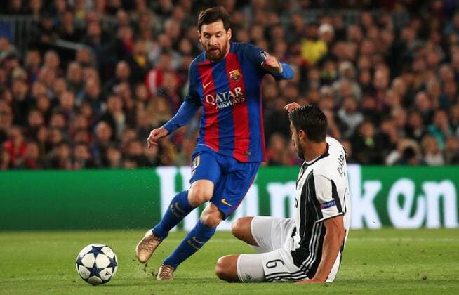April 19, 2017 - Barcelona, Spain - Sami Khedira and Leo Messi during UEFA Champions League match between F.C. Barcelona v PSG, in Barcelona, on march 08, 2017. FC Barcelona Barca v Juventus - UEFA Champions League Quarter Final: Second Leg  - ZUMAn230 20170419_zaa_n230_279 Copyright: xJoanxVallsx