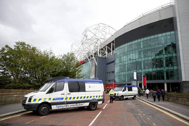 Police vans block the road entrance to the stadium before the UEFA Europa League Quarter Final 2nd Leg match at Old Trafford, Manchester. Picture date: April 20th, 2017. Pic credit should read: Matt McNulty Sportimage EDITORIAL USE ONLY. No use with unauthorised audio, video, data, fixture lists, club league logos or live services. Online in-match use limited to 120 images, no video emulation. No use in betting, games or single club league player publications.