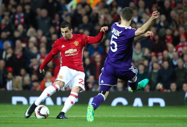 Manchester s Henrikh Mkhitaryan scoring the 1-0 goal during the return leg game of the quarterfinals of the Europa League competition between UK team Manchester United ManU and Belgian soccer team RSC Anderlecht in Manchester, UK, Thursday 20 April 2017. First leg ended on a draw result 1-1 in Belgium. VIRGINIExLEFOUR  x05084076x