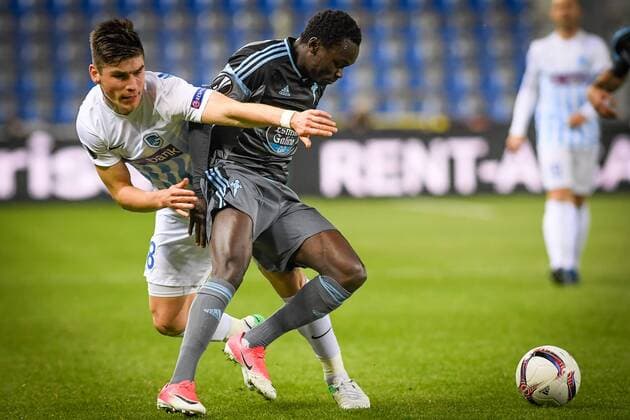 Genk s Ruslan Malinovsky and Celta s Pione Sisto fight for the ball during the return leg of quarterfinals in the Europa League competition between Belgian soccer team RC Genk and Spanish team Celta Vigo, Thursday 20 April 2017, in Genk. First leg ended on a 2-3 result in Spain. LUCxCLAESSEN  x05084097x