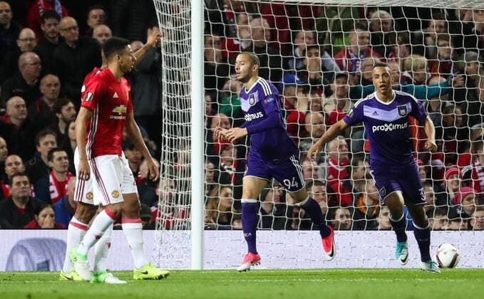 Anderlecht s Sofiane Hanni celebrates after scoring during the return leg game of the quarterfinals of the Europa League competition between UK team Manchester United ManU and Belgian soccer team RSC Anderlecht in Manchester, UK, Thursday 20 April 2017. First leg ended on a draw result 1-1 in Belgium. VIRGINIExLEFOUR  x05084118x