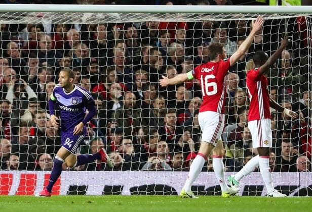 Anderlecht s Sofiane Hanni celebrates after scoring during the return leg game of the quarterfinals of the Europa League competition between UK team Manchester United ManU and Belgian soccer team RSC Anderlecht in Manchester, UK, Thursday 20 April 2017. First leg ended on a draw result 1-1 in Belgium. VIRGINIExLEFOUR  x05084119x