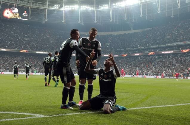 Besiktas s Anderson Talisca celebrates his goal with teammates during UEFA Europa League second leg quarter final football match between Besiktas and Olympique Lyon on April 20, 2017, near the Vodafone arena stadium in Istanbul. (  Copyright: TolgaxAdanali 78199260st