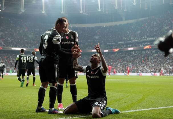 Besiktas s Anderson Talisca celebrates his goal with teammates during UEFA Europa League second leg quarter final football match between Besiktas and Olympique Lyon on April 20, 2017, near the Vodafone arena stadium in Istanbul. (  Copyright: TolgaxAdanali 78199261st