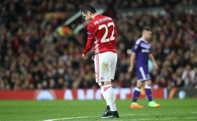 Manchester s Henrikh Mkhitaryan looks dejected during the return leg game of the quarterfinals of the Europa League competition between UK team Manchester United ManU and Belgian soccer team RSC Anderlecht in Manchester, UK, Thursday 20 April 2017. First leg ended on a draw result 1-1 in Belgium. VIRGINIExLEFOUR  x05084140x