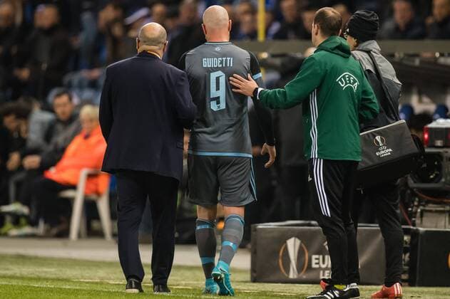 John Guidetti of RC Celta de Vigo left the match injuredduring the UEFA Europa League quarter final match between KRC Genk and Celta de Vigo on April 20, 2017 at the Luminus Arena in Genk, Belgium KRC Genk v Celta de Vigo UEFA Europa League 2016 2017 xVIxGerritxvanxKeulenxIVx 7615366