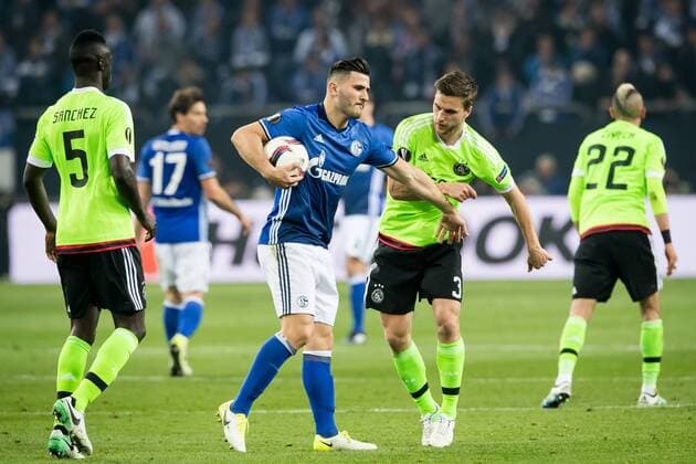 (L-R) Sead Kolasinac of FC Schalke 04, Joel Veltman of Ajaxduring the UEFA Europa League quarter final match between Schalke 04 and Ajax Amsterdam on April 20, 2017 at the Veltins-Arena in Gelsenkirchen, Germany. Schalke 04 v Ajax UEFA Europa League 2016 2017 xVIxRonaldxBonestrooxfotografiexIVx 7615371