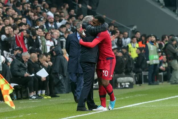 Olympique Lyon s Alexandre Lacazette celebrates his goal with trainer Bruno Genesio during UEFA Europa League second leg quarter final football match between Besiktas and Olympique Lyon on April 20, 2017, the Vodafone Arena Stadium in Istanbul. (  Copyright: TolgaxAdanali 15675909