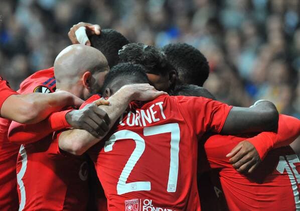 Olympique Lyon s Alexandre Lacazette celebrates his goal with teammates during UEFA Europa League second leg quarter final football match between Besiktas and Olympique Lyon on April 20, 2017, the Vodafone Arena Stadium in Istanbul. (  Copyright: AzizxUzun 15675939