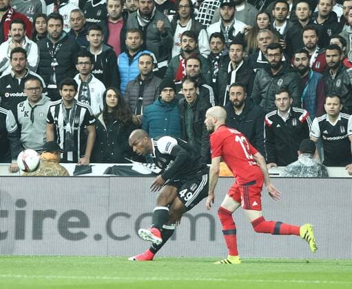 Besiktas player Ryan Babel and Lyon Player Christophe Jallet 13 during the Europa league Quarter final second match between Besiktas and Lyon at the Vodafone Arena in Istanbul , Turkey April 20, 2017. 