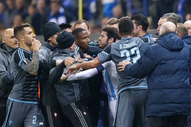 Celta s players Genk s players fight during the return leg of quarterfinals in the Europa League competition between Belgian soccer team RC Genk and Spanish team Celta Vigo, Thursday 20 April 2017, in Genk. First leg ended on a 2-3 result in Spain. BRUNOxFAHY  x05084207x