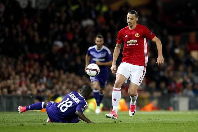 Zlatan Ibrahimovic of Manchester United ManU takes on Frank Acheampong of Anderlecht during the UEFA Europa League Quarter Final 2nd Leg match at Old Trafford, Manchester. Picture date: April 20th, 2017. Pic credit should read: Matt McNulty Sportimage EDITORIAL USE ONLY. No use with unauthorised audio, video, data, fixture lists, club league logos or live services. Online in-match use limited to 120 images, no video emulation. No use in betting, games or single club league player publications.