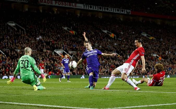 Zlatan Ibrahimovic of Manchester United ManU fires a shot at goal during the UEFA Europa League Quarter Final 2nd Leg match at Old Trafford, Manchester. Picture date: April 20th, 2017. Pic credit should read: Matt McNulty Sportimage EDITORIAL USE ONLY. No use with unauthorised audio, video, data, fixture lists, club league logos or live services. Online in-match use limited to 120 images, no video emulation. No use in betting, games or single club league player publications.