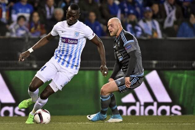 GENK, BELGIUM - APRIL 20 : Omar Colley defender of KRC Genk and John Guidetti forward of Celta de Vigo RC during the Europa League Quarter Finals 2nd leg game between KRC Genk and Celta De Vigo on April 20, 2017 in Genk, Belgium, 20 04 2017 FOOTBALL : KRC Genk vs Celta De Vigo - Europa League - 20 04 2017 PHOTONEWS PANORAMIC  700023042