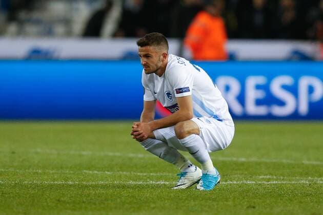 Genk s Siebe Schrijvers looks dejected after the return leg of quarterfinals in the Europa League competition between Belgian soccer team RC Genk and Spanish team Celta Vigo, Thursday 20 April 2017, in Genk. First leg ended on a 2-3 result in Spain. BRUNOxFAHY  x05084227x