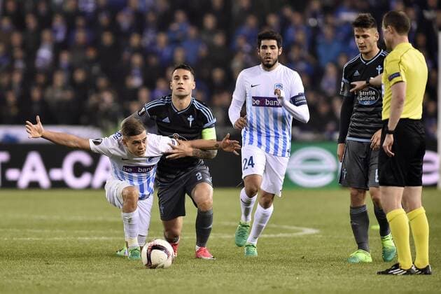 GENK, BELGIUM - APRIL 20 : Leandro Trossard forward of KRC Genk, Mallo defender of Celta de Vigo RC during the Europa League Quarter Finals 2nd leg game between KRC Genk and Celta De Vigo on April 20, 2017 in Genk, Belgium, 20 04 2017 FOOTBALL : KRC Genk vs Celta De Vigo - Europa League - 20 04 2017 PHOTONEWS PANORAMIC  700023042